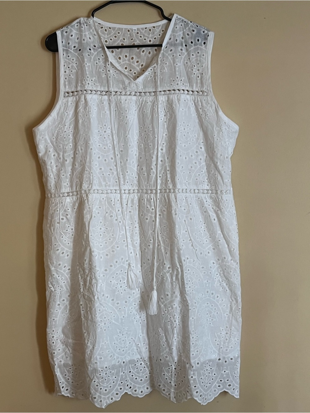 Sleeveless White Eyelet Cotton Tunic Dress with Tassel Tie
